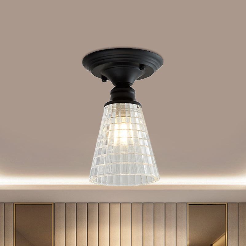 Wavy/Wide Flare Semi - Flush Mount Industrial Black Clear Textured Glass Lighting Fixture