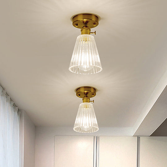 Clear Glass Single Light Gold Semi Flush Industrial Ceiling Lighting - Cone/Cylinder/Bell Corridor