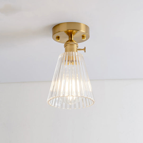 Clear Glass Single Light Gold Semi Flush Industrial Ceiling Lighting - Cone/Cylinder/Bell Corridor