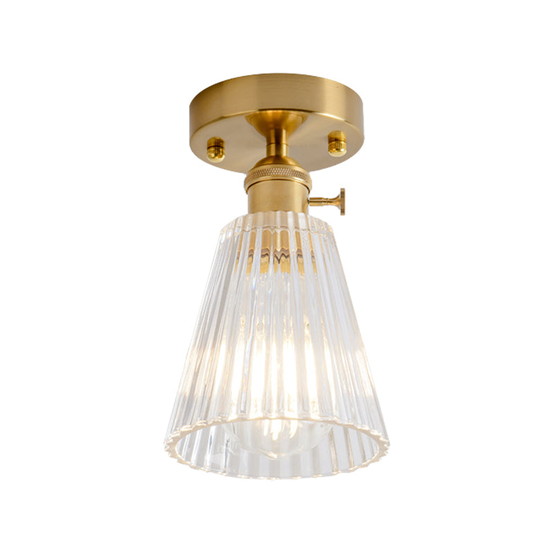 Clear Glass Single Light Gold Semi Flush Industrial Ceiling Lighting - Cone/Cylinder/Bell Corridor