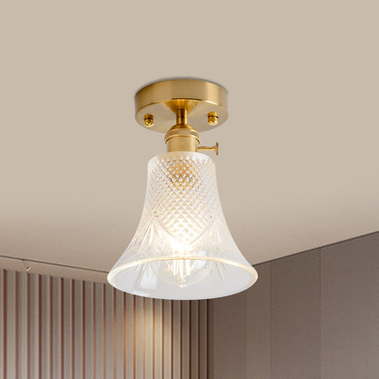 Clear Glass Single Light Gold Semi Flush Industrial Ceiling Lighting - Cone/Cylinder/Bell Corridor
