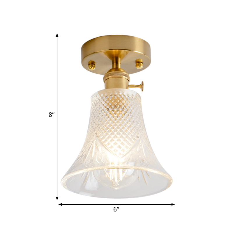 Clear Glass Single Light Gold Semi Flush Industrial Ceiling Lighting - Cone/Cylinder/Bell Corridor