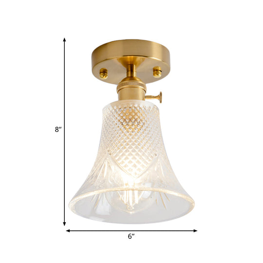 Clear Glass Single Light Gold Semi Flush Industrial Ceiling Lighting - Cone/Cylinder/Bell Corridor