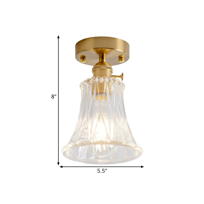 Clear Glass Single Light Gold Semi Flush Industrial Ceiling Lighting - Cone/Cylinder/Bell Corridor
