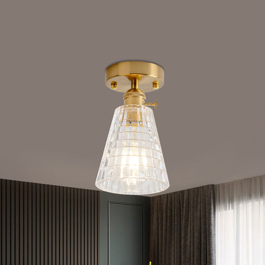 Clear Glass Single Light Gold Semi Flush Industrial Ceiling Lighting - Cone/Cylinder/Bell Corridor