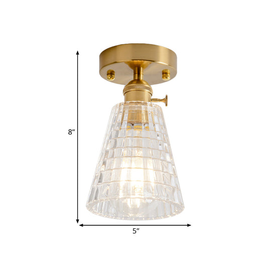 Clear Glass Single Light Gold Semi Flush Industrial Ceiling Lighting - Cone/Cylinder/Bell Corridor