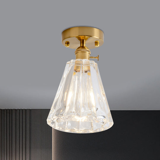 Clear Glass Single Light Gold Semi Flush Industrial Ceiling Lighting - Cone/Cylinder/Bell Corridor /