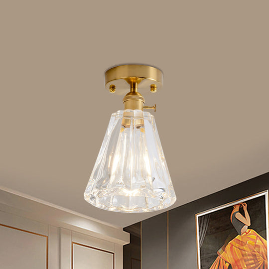 Clear Glass Single Light Gold Semi Flush Industrial Ceiling Lighting - Cone/Cylinder/Bell Corridor