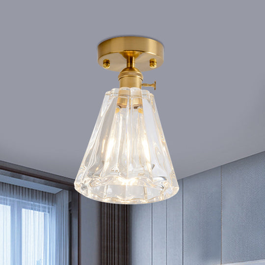Clear Glass Single Light Gold Semi Flush Industrial Ceiling Lighting - Cone/Cylinder/Bell Corridor