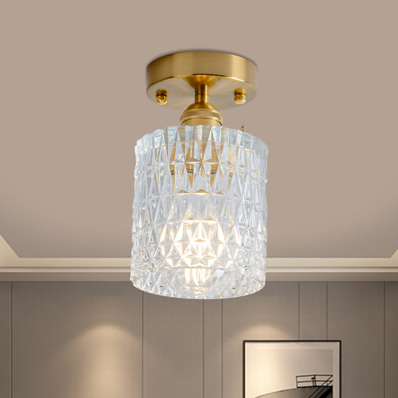 Clear Glass Single Light Gold Semi Flush Industrial Ceiling Lighting - Cone/Cylinder/Bell Corridor /