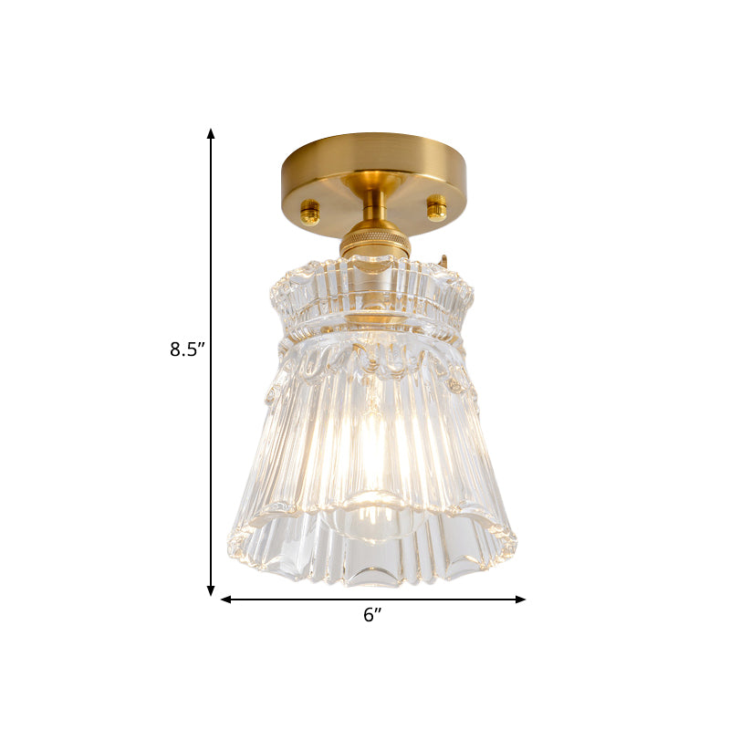 Clear Glass Single Light Gold Semi Flush Industrial Ceiling Lighting - Cone/Cylinder/Bell Corridor