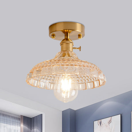 Industrial Brass Semi Flush Ceiling Light With Dome/Barn/Flower Shade - Amber/Clear Textured Glass