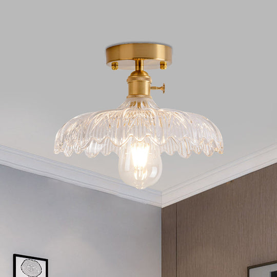 Industrial Brass Semi Flush Ceiling Light With Dome/Barn/Flower Shade - Amber/Clear Textured Glass