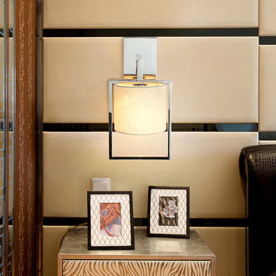 Modern Chrome Cylinder Wall Sconce Light Fabric Shade 1-Light Fixture