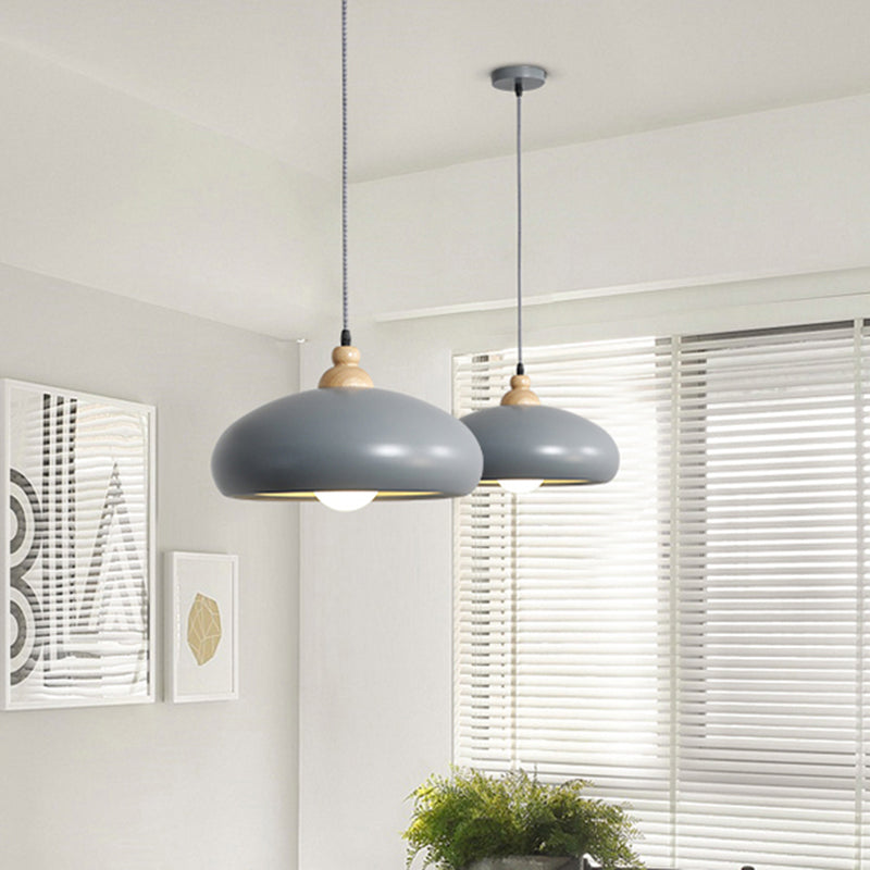 Stylish Macaron Bowl Pendant Light: Metal Hanging Fixture Single Bulb Wooden Cap (Grey/Pink/Green)