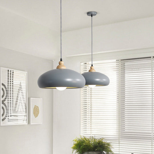 Stylish Macaron Bowl Pendant Light: Metal Hanging Fixture Single Bulb Wooden Cap (Grey/Pink/Green)