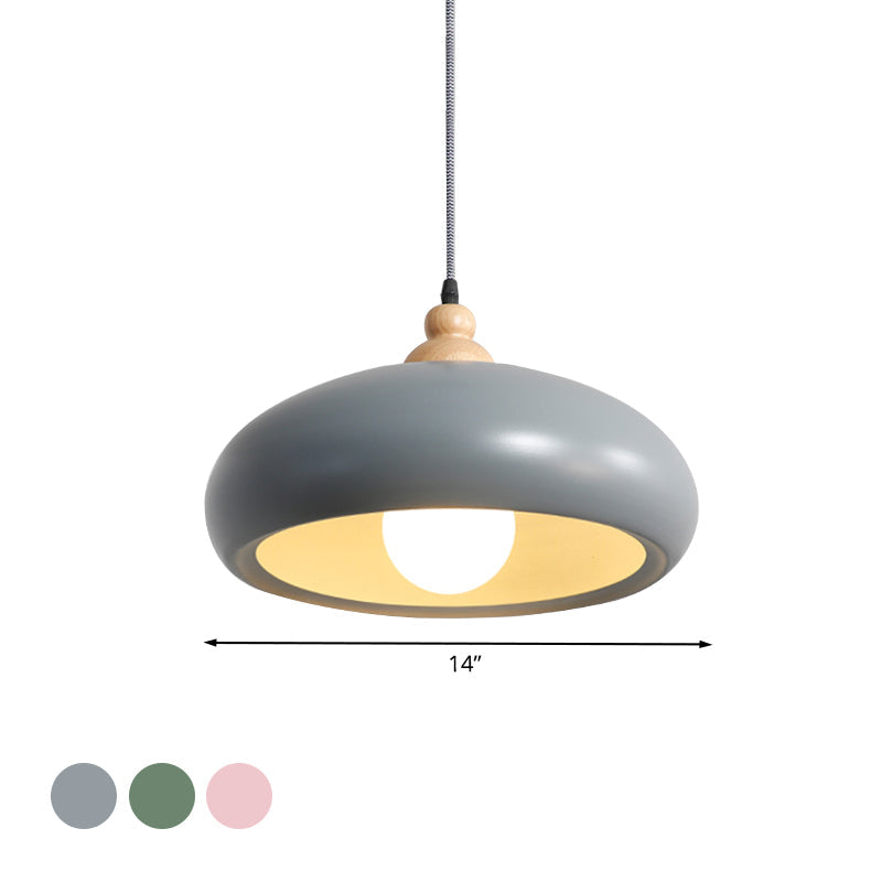 Stylish Macaron Bowl Pendant Light: Metal Hanging Fixture Single Bulb Wooden Cap (Grey/Pink/Green)