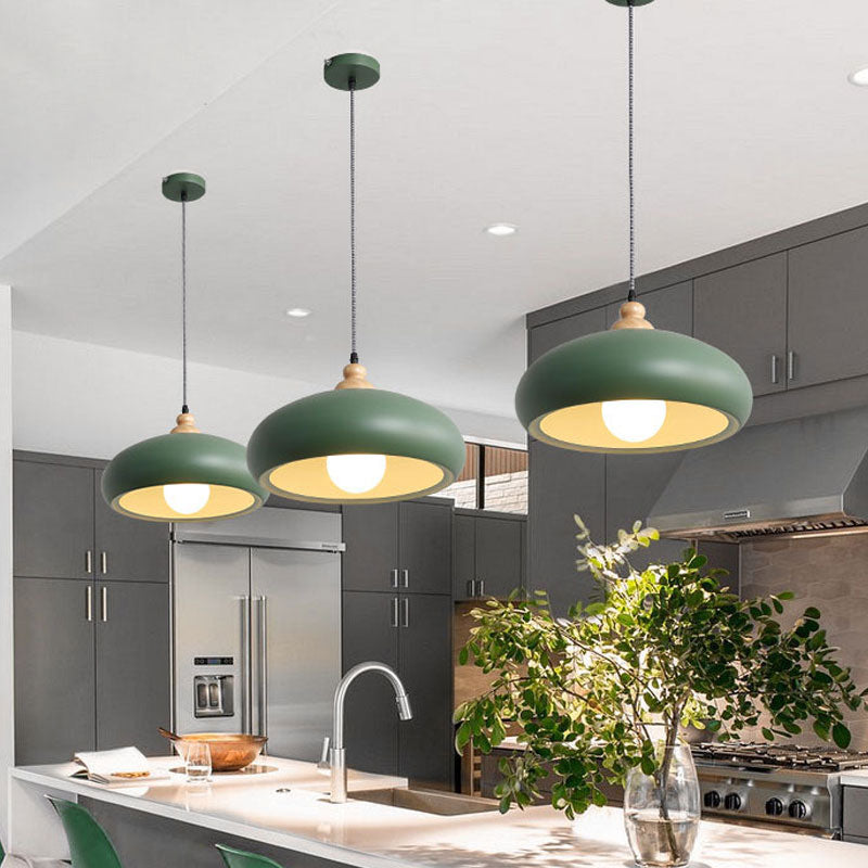 Stylish Macaron Bowl Pendant Light: Metal Hanging Fixture Single Bulb Wooden Cap (Grey/Pink/Green)