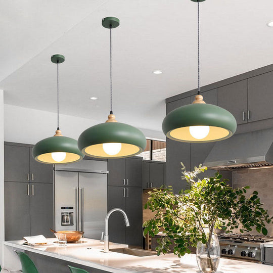 Stylish Macaron Bowl Pendant Light: Metal Hanging Fixture Single Bulb Wooden Cap (Grey/Pink/Green)