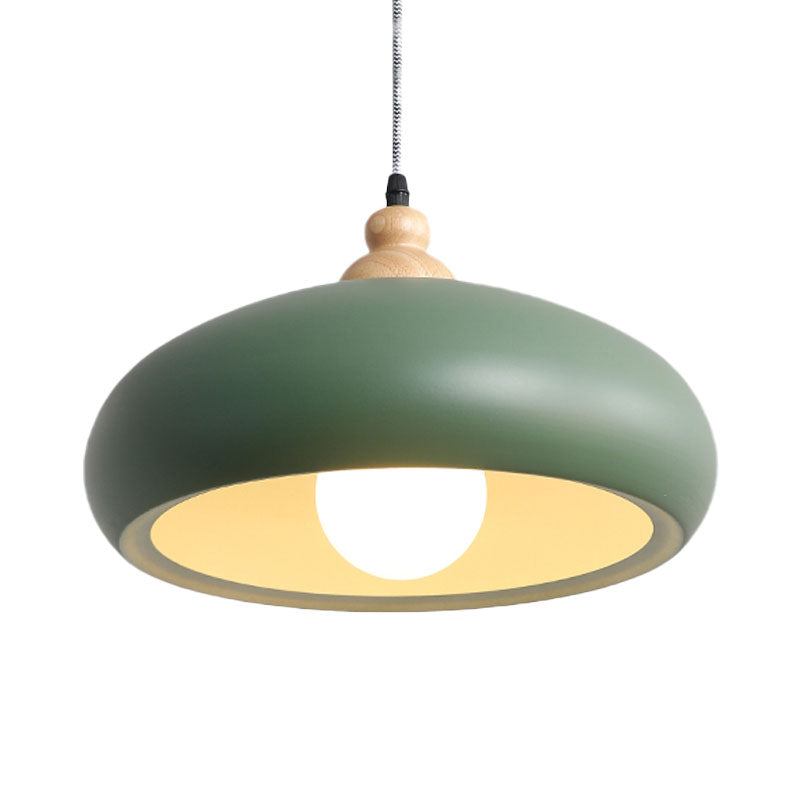 Stylish Macaron Pendant Light With Wooden Cap - Metal Fixture 1 Bulb Grey/Pink/Green