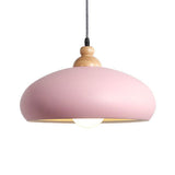 Stylish Macaron Pendant Light With Wooden Cap - Metal Fixture 1 Bulb Grey/Pink/Green