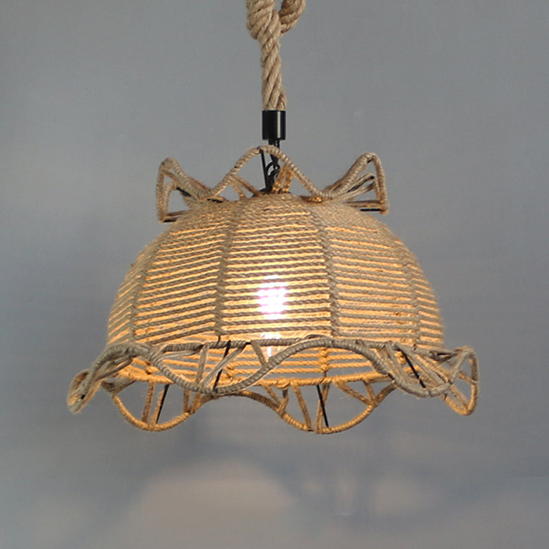 Vintage Industrial Beige Domed Pendant Lighting With Natural Rope - 1-Light Restaurant Hanging Lamp