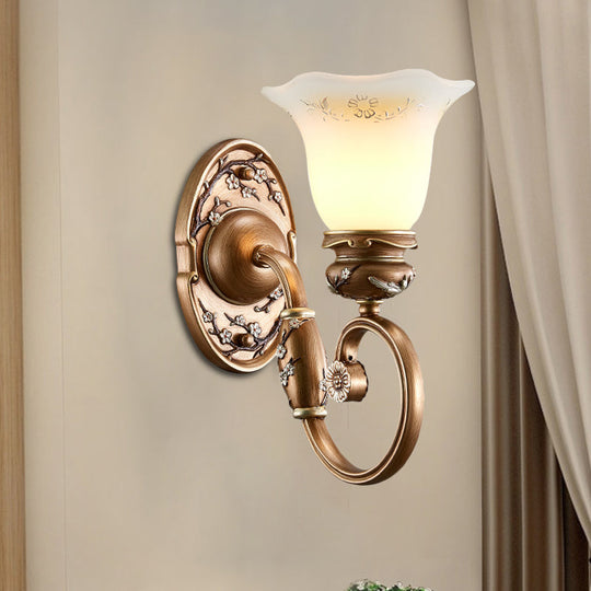 Retro Flower Shade Wall Sconce Lighting: 1/2-Light Brown Glass Mount Lamp 1 /