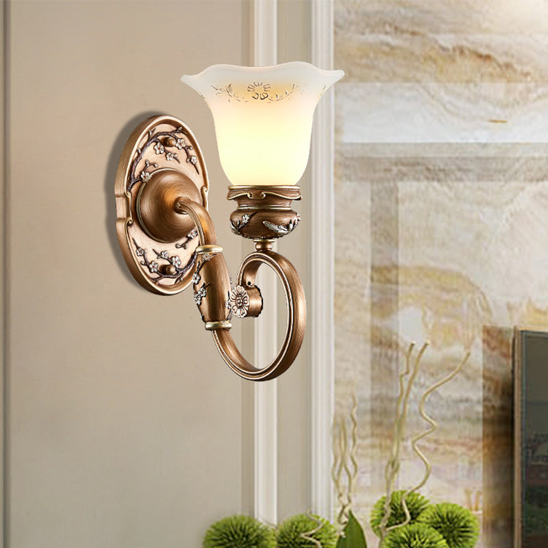 Retro Flower Shade Wall Sconce Lighting: 1/2-Light Brown Glass Mount Lamp