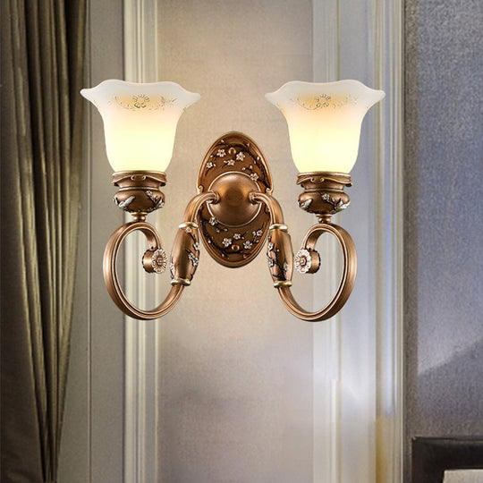 Retro Flower Shade Wall Sconce Lighting: 1/2-Light Brown Glass Mount Lamp