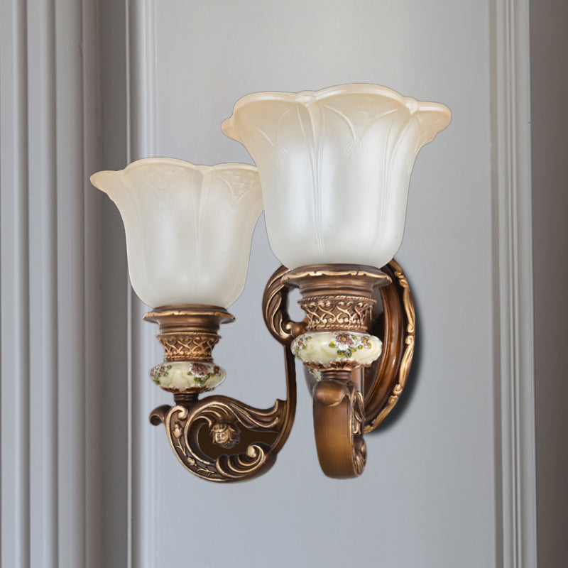 Traditional 1/2-Light Floral Wall Sconce With Cream Glass Shade - Brown Bedroom Lamp