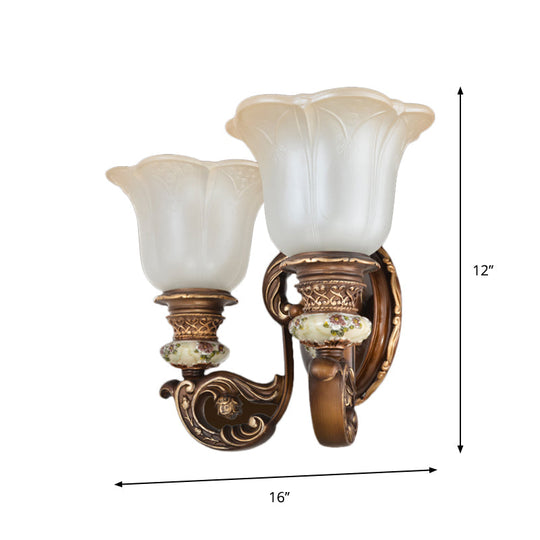Traditional 1/2-Light Floral Wall Sconce With Cream Glass Shade - Brown Bedroom Lamp
