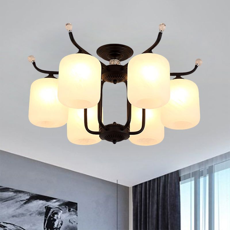Retro Style Black Glass Chandelier With Cylindrical Cream Shade - 6/8 Heads Suspension Pendant