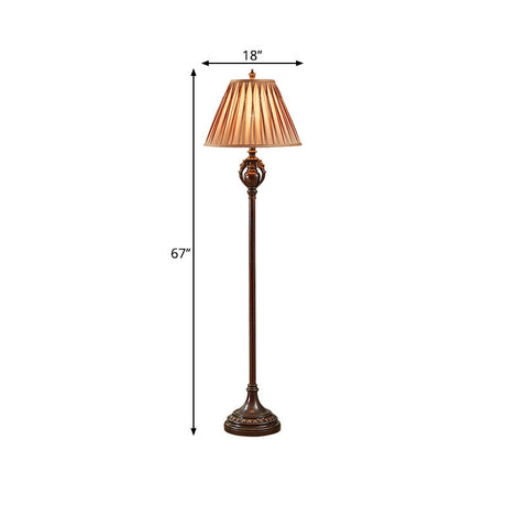 Retro Brown Pleated Tapered Fabric Floor Lamp For Living Room Reading - 1-Bulb Light