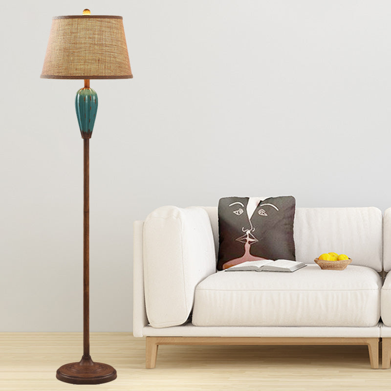 Retro Porcelain Urn Shape Floor Lamp With Fabric Shade - Red/Blue