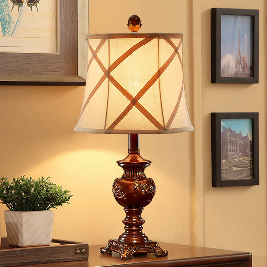 Serena - Vintage Brown Urn Base Desk Light Style Resin 1 Head Table Lamp With Fabric Shade