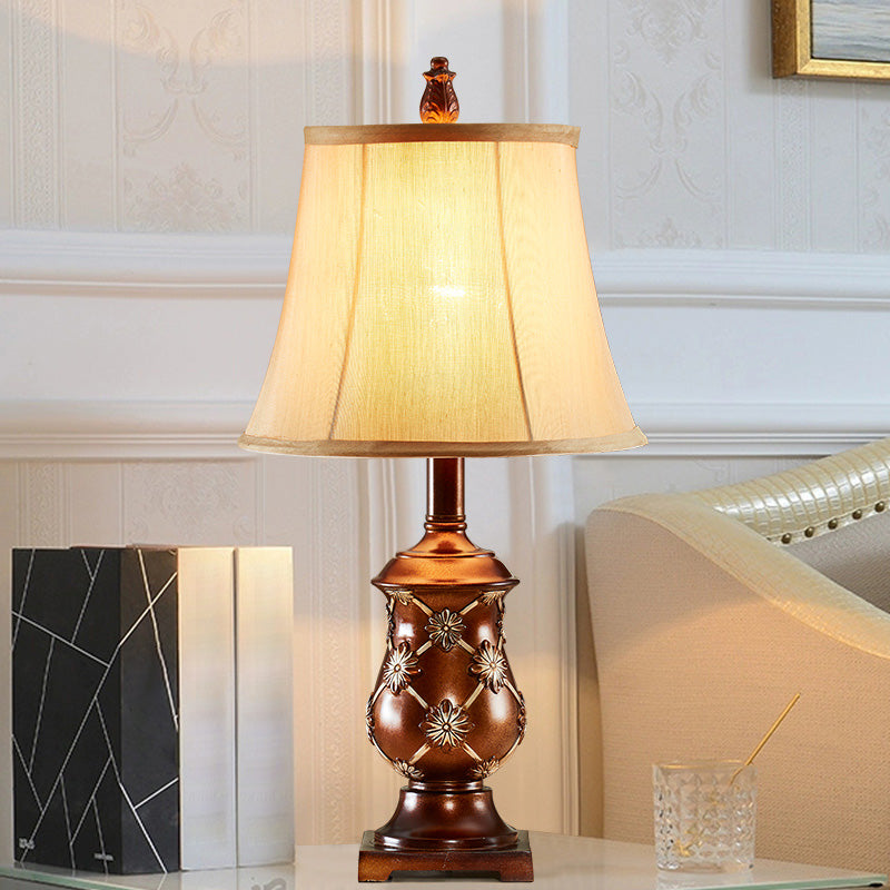 Alessia - Brown Fabric Bell Shade Night Stand Lamp Traditional Style 1-Bulb Desk Light In With Urn