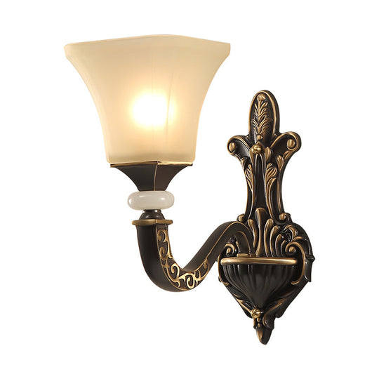 Retro Wall Mounted Light Fixture With Black 1/2-Bulb Milky Glass Flared Shade
