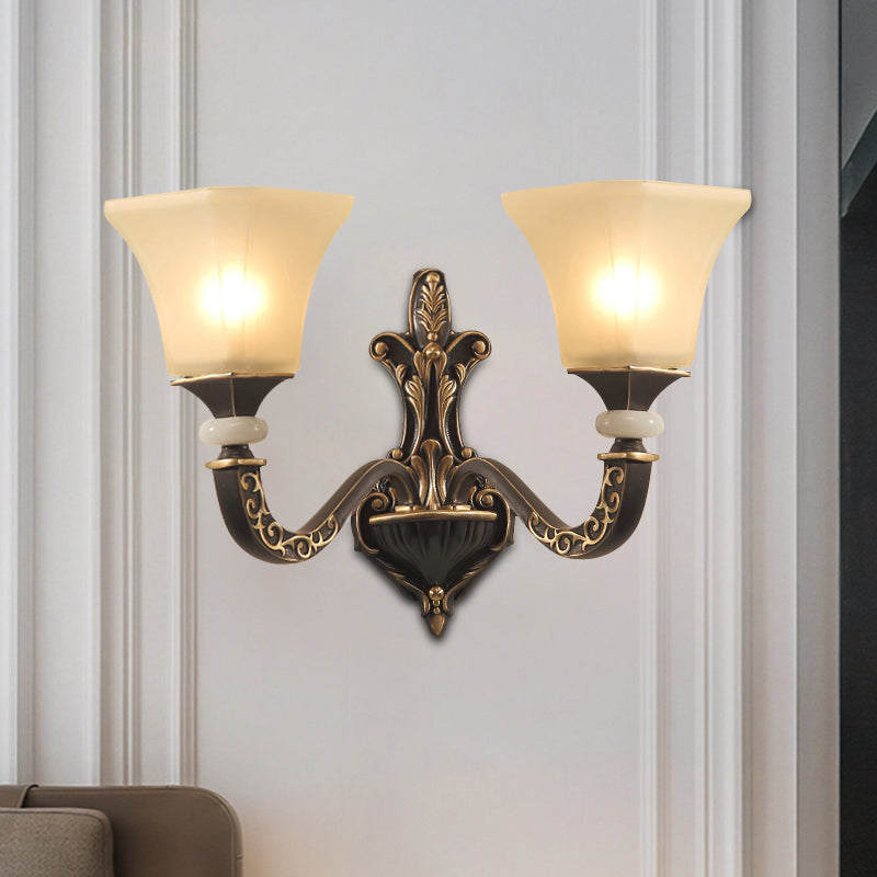 Retro Wall Mounted Light Fixture With Black 1/2-Bulb Milky Glass Flared Shade 2 /