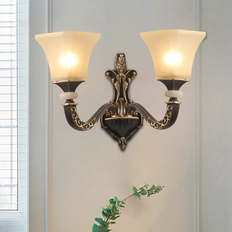 Retro Wall Mounted Light Fixture With Black 1/2-Bulb Milky Glass Flared Shade
