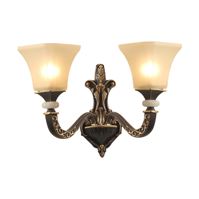 Retro Wall Mounted Light Fixture With Black 1/2-Bulb Milky Glass Flared Shade