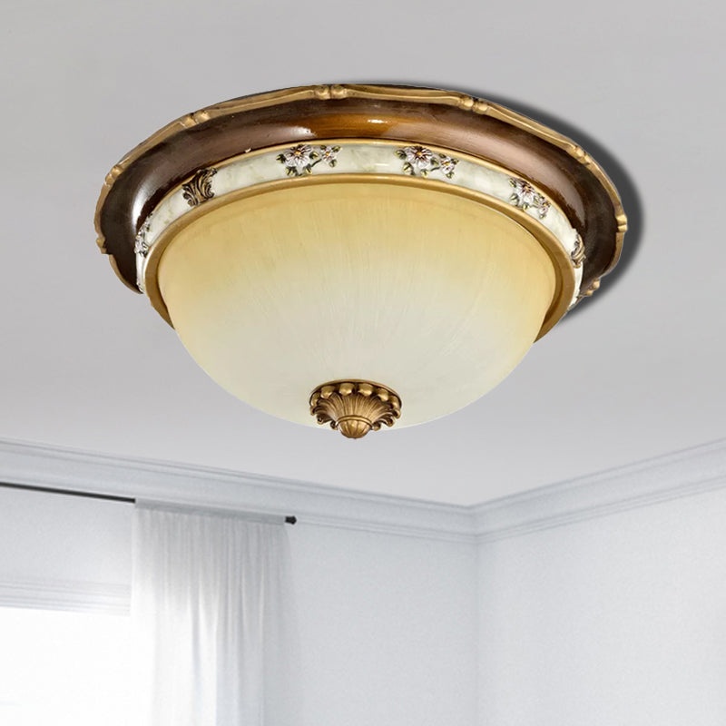 Traditional Style Bedroom Flushmount Ceiling Light - Dome Shape Faceted Glass Brown Finish 3 Heads