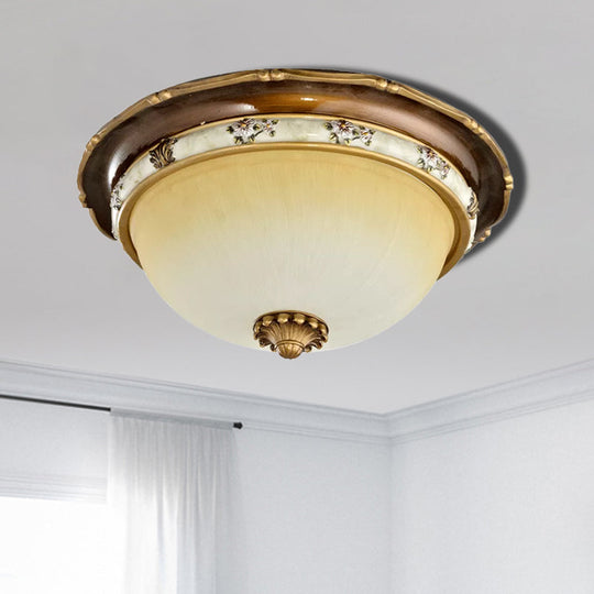 Traditional Style Bedroom Flushmount Ceiling Light - Dome Shape Faceted Glass Brown Finish 3 Heads