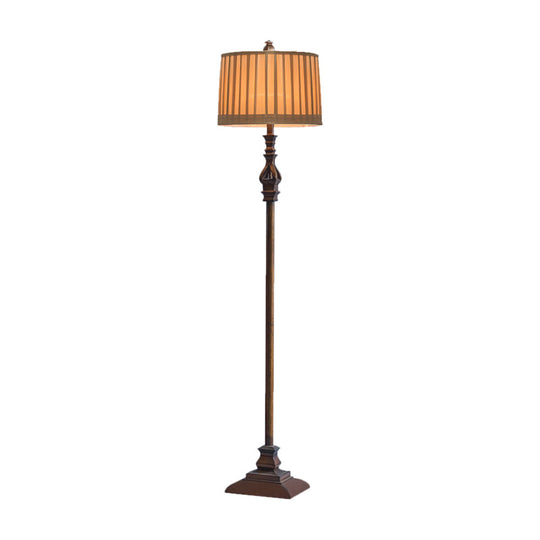 Retro Square Pedestal Floor Lamp: 1-Light Resin Light In Brown With Pleated Fabric Shade