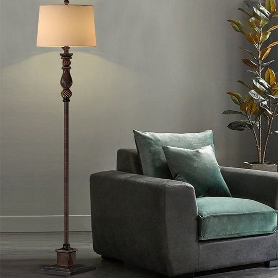 Retro Style 1-Head Resin Reading Floor Lamp - Brown Carved Design With Fabric Shade For Study Room