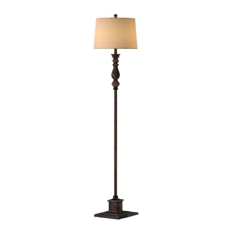 Retro Style 1-Head Resin Reading Floor Lamp - Brown Carved Design With Fabric Shade For Study Room