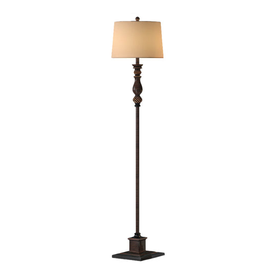 Retro Style 1-Head Resin Reading Floor Lamp - Brown Carved Design With Fabric Shade For Study Room