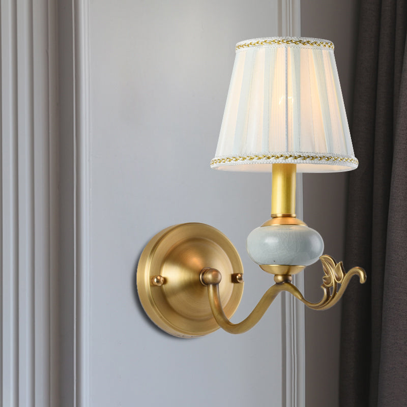 Traditional Style Brass Wall Sconce With Curved Arm Fabric Shade