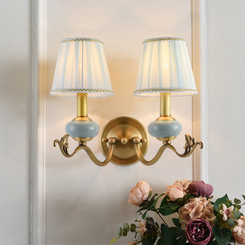 Traditional Style Brass Wall Sconce With Curved Arm Fabric Shade 2 /