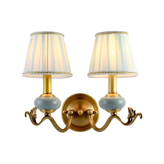 Traditional Style Brass Wall Sconce With Curved Arm Fabric Shade