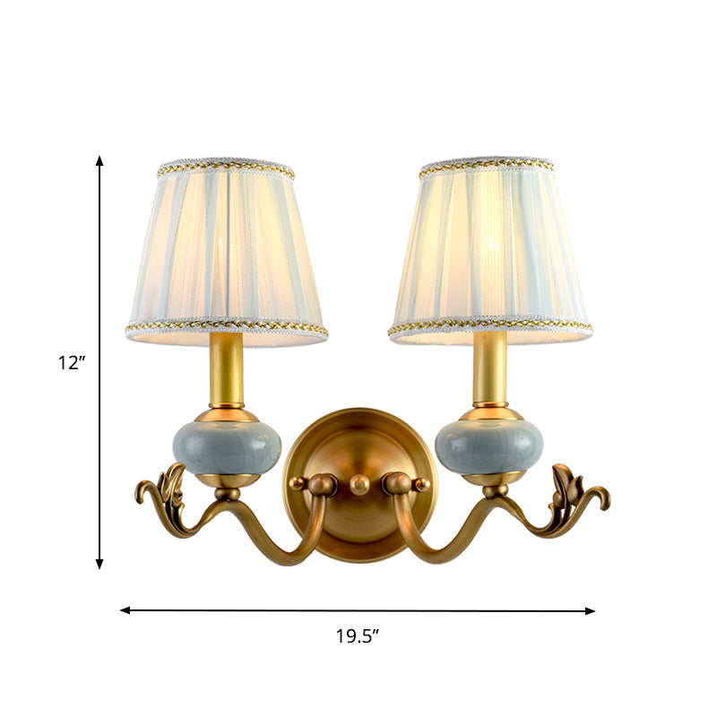 Traditional Style Brass Wall Sconce With Curved Arm Fabric Shade